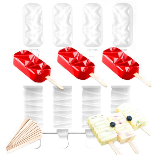 ICOCONG Ice Cream Popsicle Silicone Mold Set of 2, 8-Cavity Chocolate Cake Fondant Molds, Home DIY Popsicle Tools, BPA Free, Reusable and Easy to Clean Homemade Popsicle Maker with 50 Wooden Sticks