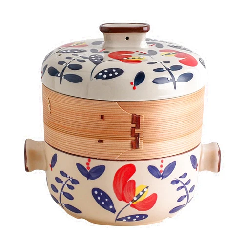 RSBFER Japanese Ceramic Casserole Pot with Steamer Basket - Soup Stew Pot Cooking Clay Pot Stew Pan Hot Pot for Healthy Cooking, Even Heating,A,2.5L