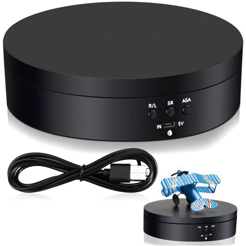Hicarer Rotating Display Stand 360 Degree Motorized Rotating Turntable Display Stand with USB Power Cable for Photography Products and Shows, Black (PVC)