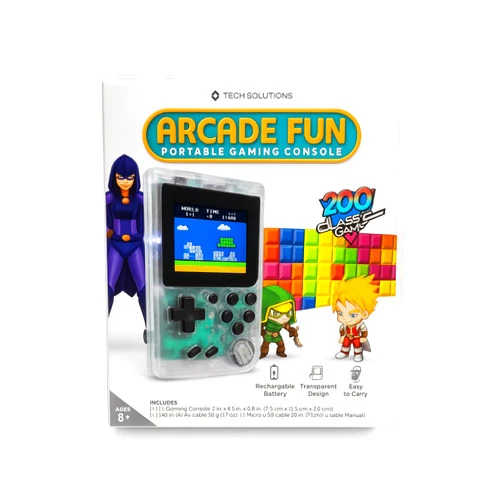 Generic Tech Solutions Arcade Fun Portable Gaming Console, 200 Classic Games, Clear Transparent Design, Rechargeable Battery, TV Connectivity, Ages 8+, with AV and USB Cables