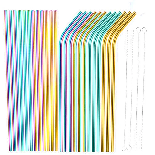 Tomorotec [24 PCS] Value Pack Reusable Stainless Steel Straws in Bulk Extra Long 10.4 inch Colorful,Tomorotec Metal Straw Sets with Cleaning Brushes,12 Straight 12 Bent For Tumblers Beverage Drink Cocktail