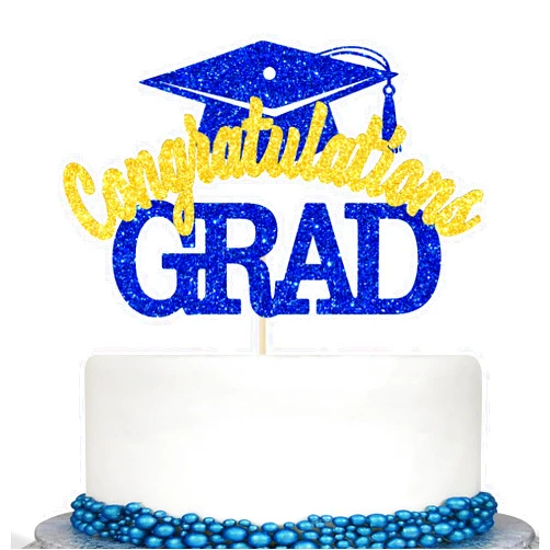 Calarjeta Congratulations Grad Cake Topper, Congrats Grad Cake Decorations, Class of 2024 Party Decor, High School/College/University Graduation Party Decorations (Blue and Gold)
