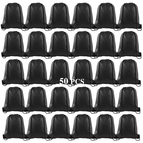 KUUQA 50Pcs Black Drawstring Backpack Bag Sack Drawstring Bags Bulk String Bags Storage Bags for Sport Gym Traveling