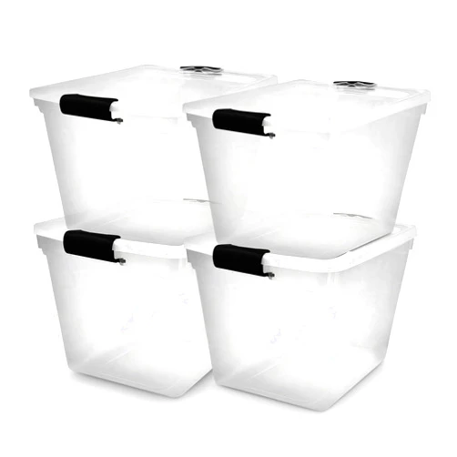 HOMZ 4-Pack Latching Lid, Large Clear Plastic Storage Bins with Lids, 31 Quart, Gray Latch - Stackable Container Boxes for Home, Bathroom, and Office Organization