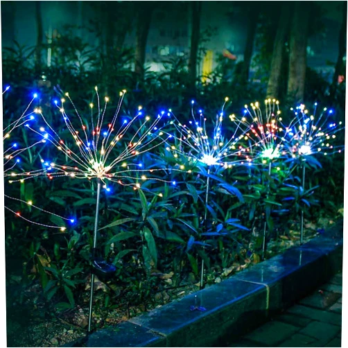 MOFAIRHOME 90LED Outdoor Solar Garden Lights, Waterproof 2 Flash Modes 50 Copper Wire String, Firework Stake Starburst Fairy Light, DIY Flowers Trees for Walkway Patio Lawn Backyard Christmas (Color)