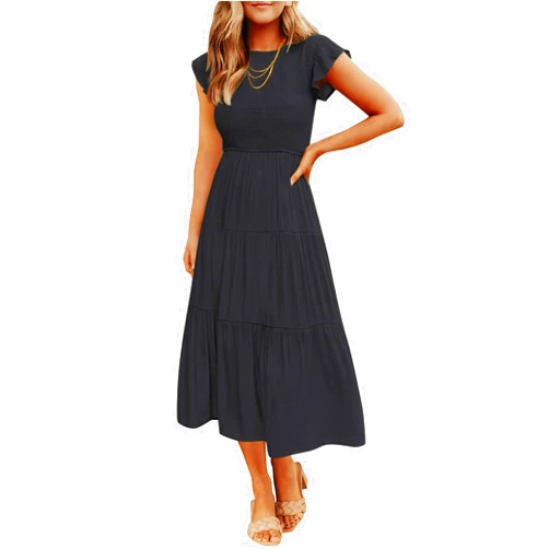 ZESICA Women's 2024 Summer Casual Flutter Short Sleeve Crew Neck Smocked Elastic Waist Tiered Midi Dress