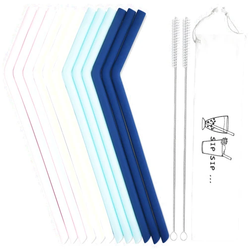 Hiware 12 Pcs Reusable Silicone Drinking Straws with Travel Case - Long Drinking Straws for 30 oz and 20 oz Tumblers, 2 Cleaning Brushes