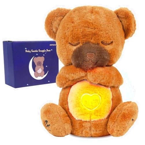 MOFUSAN Soothe Snuggle Bear Plush, Soothing Breathing Bear Stuffed Animal for Anxiety Adults and Kids, Sleeping Bear Plushies with Realistic Breathing Motion and Lights Music (Bear)