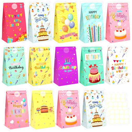 Shindel 36PCS Party Favor Bags, Happy Birthday Treat Bags, Birthday Goodie Bags Gift Bags for Kids Birthday Party 12 Designs, Colored Paper Bags for Kids Party Supplies 4.7