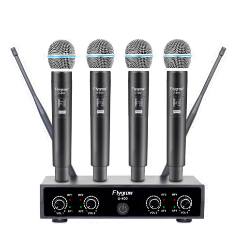 Flygrow Pro Wireless Microphone System, 4 Channel UHF Wireless Mic, Fixed Frequency Metal Cordless 4 Handheld Dynamic Microphones for Home Karaoke, Meeting, Wedding,250ft Range (4 Handheld)