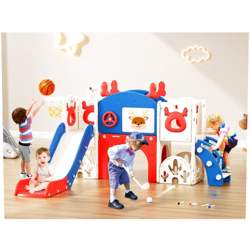 Lischwert Toddler Slide, 11 in 1 Toddler Playset New Upgrade with Kids Slide, Drawing Board, Golf Set, Basketball Hoop and Storage Space for Toddler Age 1-3, Backyard Toddler Playground Indoor and Outdoor