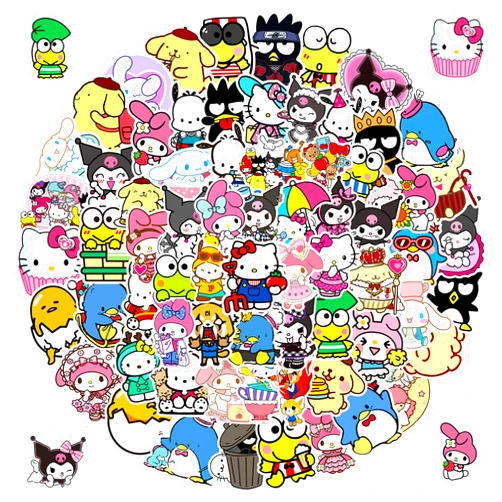 RUBANG 100pcs Kawaii Sanrio Anime Stickers for Girl Water Bottle, Cute Cartoon Hellokitty Kuromi Mymelody Waterproof Vinyl Decal for Teen Kdis Laptop Skateboard Phone Guitar Travel Case Bike