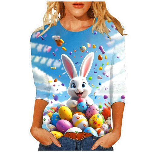 Generic Easter Shirts for Women Funny Bunny Print Blouse 3/4 Length Sleeve Round Neck Fashion T Shirt