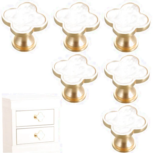 CPELLESSE 6 Pcs Clover Knobs Four-Leaf Handle Creative Cabinet Drawer Pulls Gold for Dresser Wardrobe Zinc Alloy Single Hole Door Handle(White)