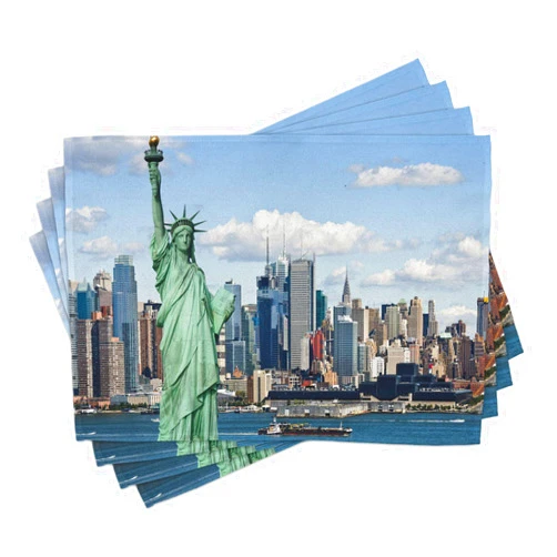 Ambesonne New York Place Mats Set of 4, Liberty in NYC Harbor Urban City Print Famous Cultural Landmark Picture, Washable Fabric Placemats for Dining Table, Standard Size, Mint Blue