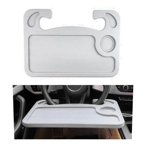 Gasedin Car Steering Wheel Desk, 2 in 1 Auto Steering Wheel Tray for Food & Laptop, Multipurpose Vehicle Steering Wheel Table with Cup Holder and Pen Slot, Travel Car Accessories (Gray)