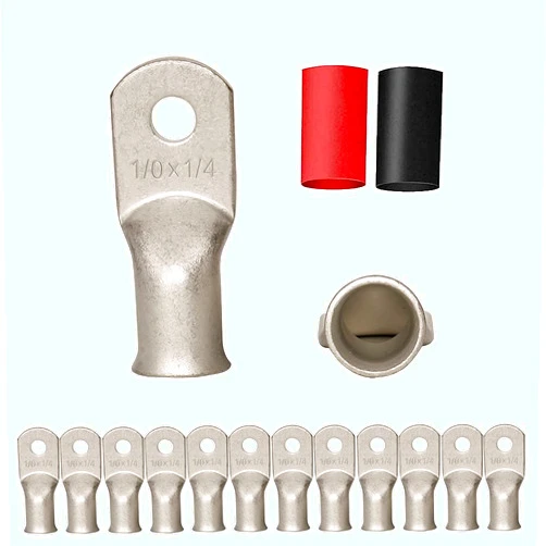 QINSHIHUANG 12PCS 1/0x1/4 Tinned Copper Ring Terminal Connectors 1/0 AWG Heavy Duty Battery Cable Ends Bare Copper Lugs with 12 PCS 3:1 Heat Shrink Tubing for Vehicle Boat Marine Use