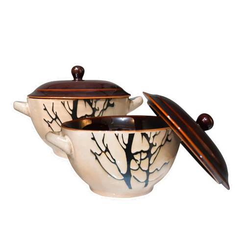 ECODECO Bake & Serve - Large Ceramic Soup Bowls With Handles - 30 Ounce - Set of 2 - Oven-, Microwave and Dishwasher Safe Pots with Lids