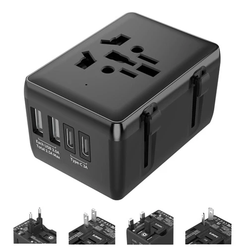 FOSENHL Universal International European EU,US,AU,UK Travel Power Plug Adapter,2 USB 2 Type-C 3.5A Small Size,Built-in Fuse,Worldwide Compatible MAX Load 1800w Black Color