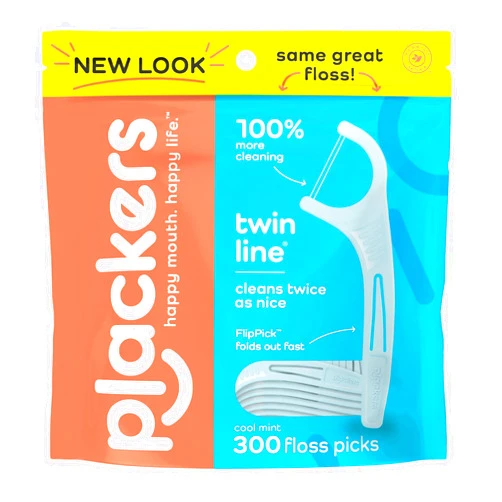 Plackers Twin-Line Dental Flossers, Cool Mint Flavor, Dual Action Flossing System, Easy Storage, Super Tuffloss, 2X The Clean, 300 Count (Pack of 1)