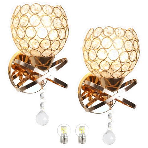 Fekgyhx Gold Wall Sconces Set of Two,Vintage Wall Lamp Sconces,Bedside Wall Lamp with E26,Modern Crystal Sconce for Bedroom with 3000K-6000K,Crystal Decor for Living Room Hallway