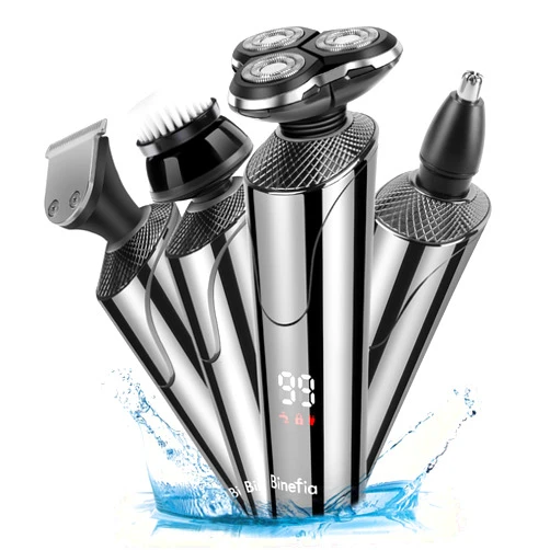 Binefia Men's Electric Shaver - 4 in 1 Electric Razor with LED Display, USB Rechargeable Hair Clipper Nose Beard Trimmer Facial Cleansing Brush, IPX7 Wet & Dry 4D Rotary Shaver, Grooming Kit for Men