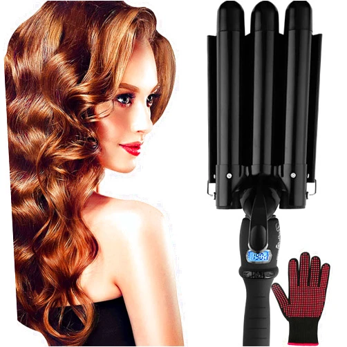 ASOOX Hair Curling Iron Wand 3 Barrel Dual Voltage 1 Inch Ceramic Hair Waver Iron with Adjustable LCD Temperature Display, Heats Up Quickly Hair Crimper Curling Wand