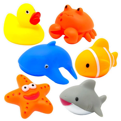 Kiddie Play Animal Bath Toys 6 Pcs Rubber Squeaky Floating Sea Creatures, Fun Bath Time Set for Toddlers & Kids, Includes Duck, Crab, Shark, Fish, Whale, and Starfish