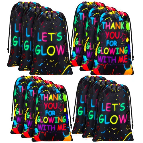 Sadnyy Let's Glow Drawstring Bags Glow Party Supplies Favor Gift Bags Neon Pouch for Retro 80s 90s Theme Party Decorations(36 Pieces)