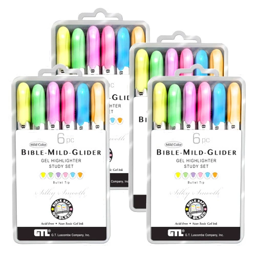 G.T. Luscombe Company, Inc. Bible Mild-Glider Gel Highlighter, Bible Study, No Bleed Solid, No Smearing or Fading, Long Lasting, Translucent Dry Marker, 4 Packs of 6 Assorted Colors
