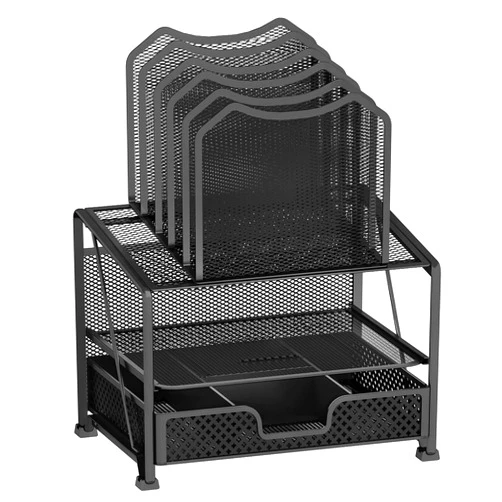Simple Trending Mesh Desk Organizer with Sliding Drawer, Double Tray with 5 Sections File Bookshelf, Black