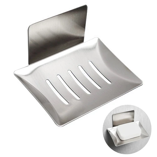 LUEXBOX Soap Dish for Shower Wall, Stainless Steel Adhesive Soap Holder for Bathroom, 5 Slot Sponge Holder for Kitchen Sink, Bar Soap Tray with Drain Silver