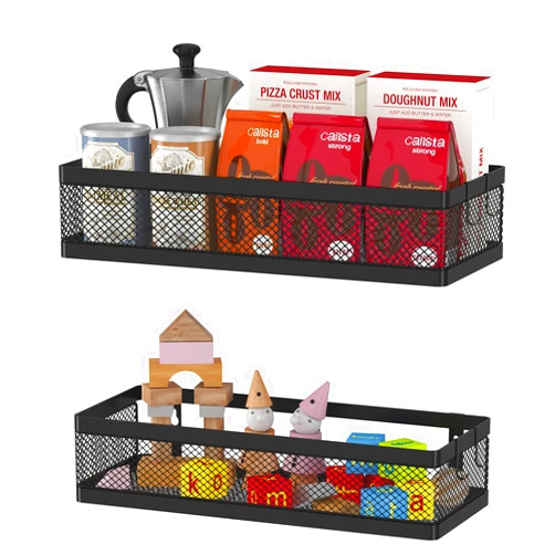 PUSDON Hanging Storage Baskets Organizer Wall Mount, Metal Wire Storage Bin Rack for Kitchen Bathroom Shower Spice Shelf Home Decor Essentials Black-2 Packs (Netting)