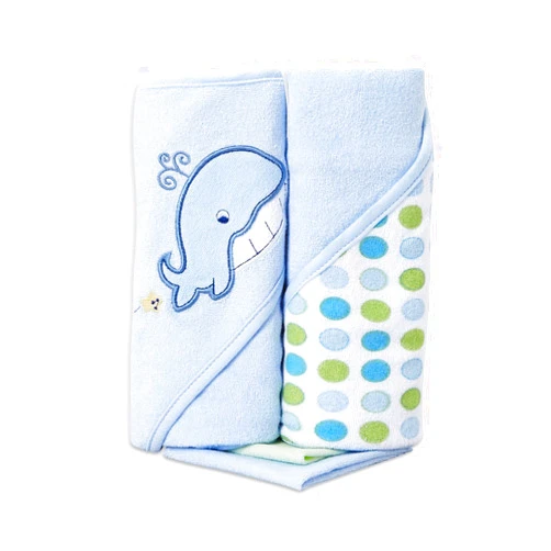 Spasilk Bath Hooded Towels & Washcloths Set for Babies, 2 Hooded Terry Bath Towels & 2 Washcloths, Blue Whale