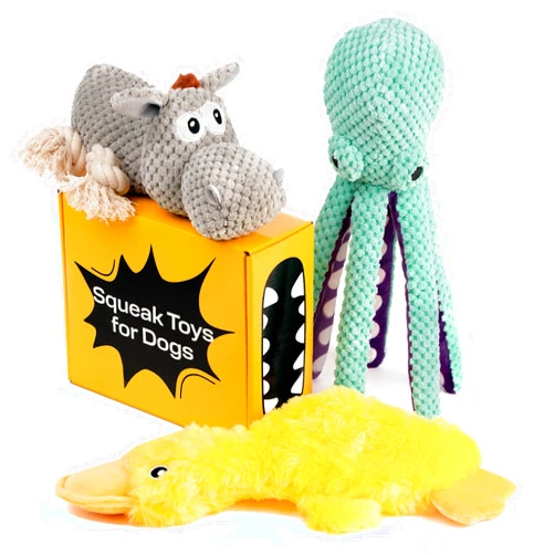 PetSpy Dog Gifts Squeaky Stuffed Dog Toy Pack - 3 Dog Chew Toys for Large, Medium, Small Dogs and Puppies- Rope Donkey, Plush Octopus, Crinkle Duck Toy - Pet Supplies Toys for Dogs to Keep Them Busy