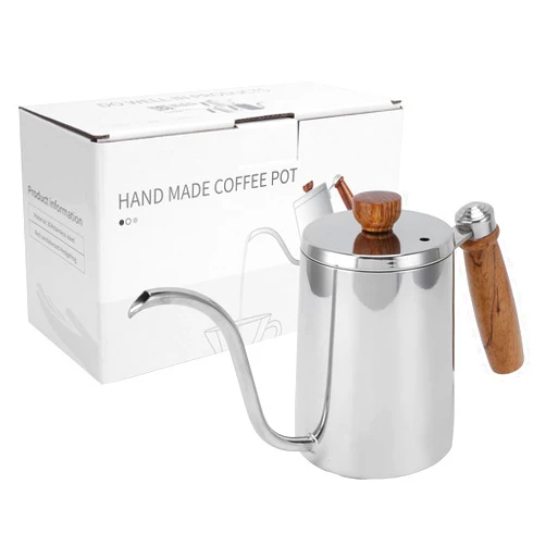 Acouto Coffee Pot, 600ML Coffee Pot Wood 304 Stainless Steel Coffee Hand Pot Drip Coffee Maker Coffee Pot with Wooden Handle for Tea Coffee(Mirror light 600ML)