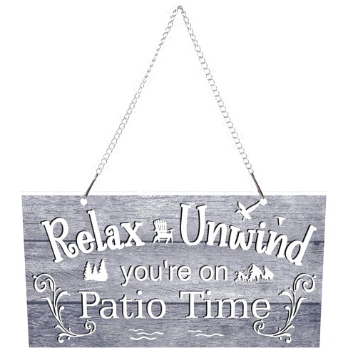 Hotop 10 x 5 Inch Patio Wall Decor Hanging Wall Art Metal Plaque Signs Vintage Balcony Decor Retro Patio Accessories Relax Unwind You're on Patio Time with Chain for Home Pub (White Words with Gray Base)