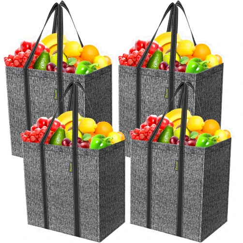 BALEINE 4 PK Grocery Bags Reusable Shopping Bags with Reinforced Bottom, Heavy Duty Foldable Tote Bags (Grey)