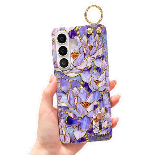 LeLeYun Case for Samsung Galaxy S26+ Plus with Hand Wrist Strap & Ring, Cute Stylish Pattern IMD Stand Design Protective Phone Case for Women and Girls - Abstract Lotus