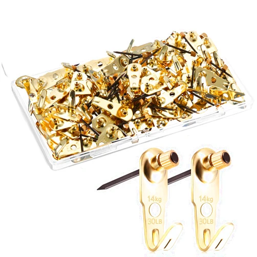 Jetec Plaster Picture Hangers Hooks Picture Gold Hanging Kit with Nails for Plaster Wall Wooden Wall Drywall Mounting(50 Pieces,30 lbs)