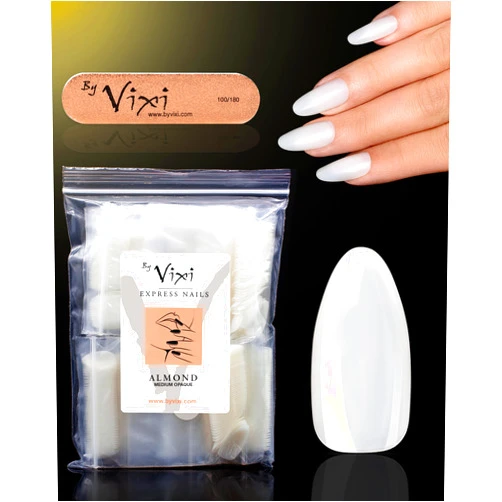 By Vixi 600 MEDIUM ALMOND NAIL SET with PREP FILE, 10 Sizes – Opaque Express Full Cover False Fingernail Extensions for Salon Professionals & Home Use