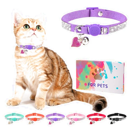 DILLYBUD Rhinestone Cat Collar Breakaway with Bell, Diamond Cat Collar with Safety Buckle Quick Release for Girl Boy Small Kitten Pets Puppy,Cute Soft Female Male Cat Collars, Color Purple 8-12