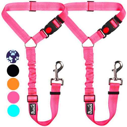 Lukovee Dog Car Seat Belt, 2 Pack Headrest Restraint Seatbelt, Adjustable Pet Safety Leads with Reflective Elastic Bungee for Dog Harness Collar Travel Daily Use (Fluorescent Pink,Headrest)