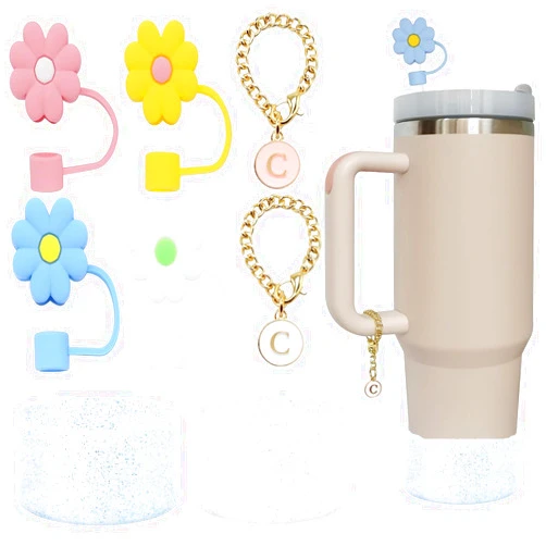 DUOBEIER 4PCS Straw Covers Cap for Stanley Cup-Stanley Cup Straw Cover Compatible with 30&40Oz Tumbler with Handle, 10mm Flower Silicone Straw Topper,2pcs Glitter Silicone Boot & 2pcs Letter Handle Charm (C)