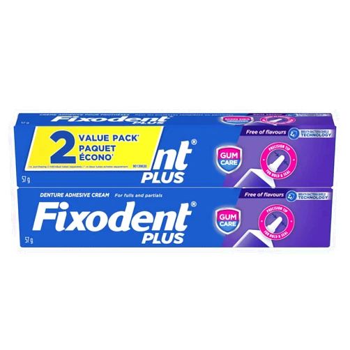 Fixodent Plus Gum Care Denture Adhesive Cream for Fulls and Partials, 2 oz (57g) - Pack of 2