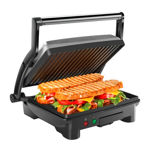 Chefman Panini Press Grill and Gourmet Sandwich Maker Non-Stick Coated Plates, Opens 180 Degrees to Fit Any Type or Size of Food, Stainless Steel Surface and Removable Drip Tray, 4 Slice, Black