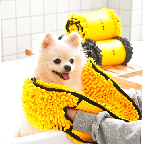 PETREST Pogne Pet Towel - Doggy Dryer, Ultra Absorbent, Quick Drying Chenille Fabric Pet Bath Towel with Hand Pockets, Quick Drying Towel Absorber