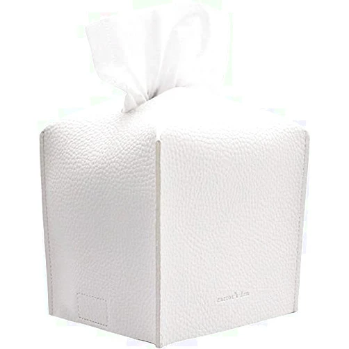 Carrot's Den Tissue Box Cover Holder, Square with Bottom Belt by Carrot's Den - PU Leather Decorative Organizer for Tabletop, Bathroom, Car, Office | Pure White