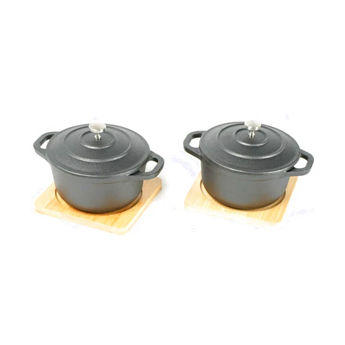 HAWOK Pre-seasoned Cast Iron Mini Round Cocotte Set, 0.5QT Mini Dutch Ovens with Lids and Bamboo Trays, Dia.4.8 inch, Set of 2, Black