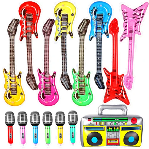BBTO 15 Pcs Inflatable Rock Star Toy Set Include Blow up Guitars, Inflatable Guitars, Microphones, Inflatable Boom Box Blow up Instruments for Rock and Roll Party Concert Theme Party